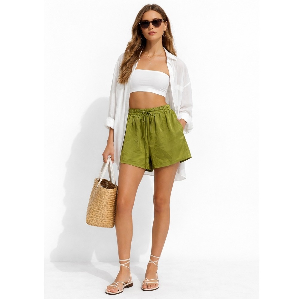 RIVIR Satin Olive Green Shorts M‎ Drawstring Elastic Waist Casual Summer